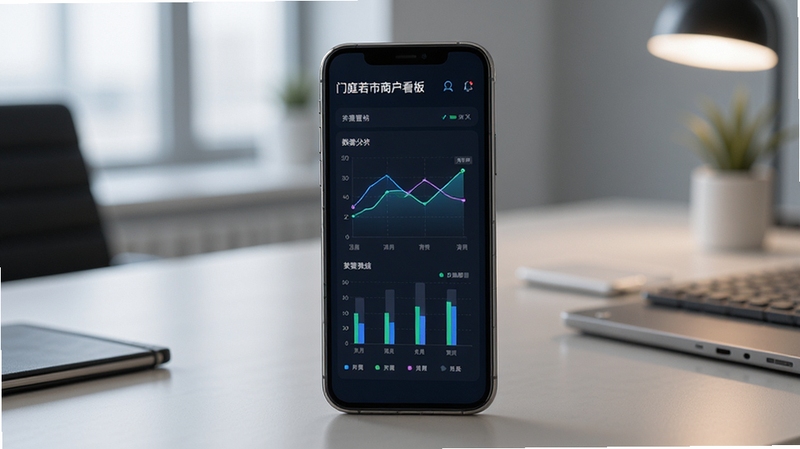 门庭若市商户版数据看板界面,手机屏幕显示折线图与柱状图组合的数据分析页面,背景为现代办公室桌面,光线柔和,画面具有商务科技感