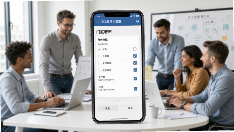 门庭若市商户版员工权限设置界面,手机屏幕展示角色分配与权限勾选页面,背景为团队协作办公场景,画面现代简洁