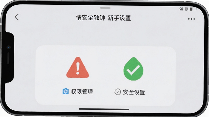 情有独钟新手设置界面,手机屏幕显示权限管理页面,有红色警示图标和绿色对勾图标,背景为简洁浅灰色,突出安全设置主题