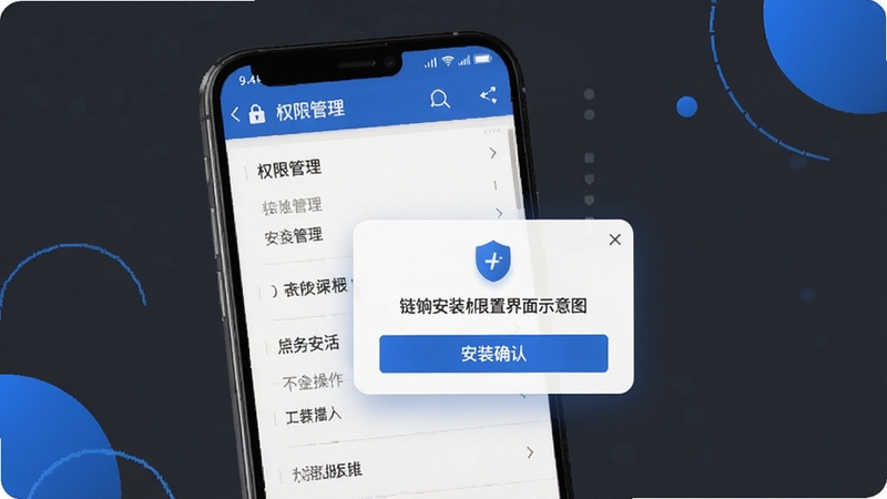 链饷安装权限设置界面示意图,画面主体为手机屏幕显示权限管理列表与安装确认弹窗,背景区域为深灰色与蓝色点缀,突出安全操作指引,适配Boogu模型生成