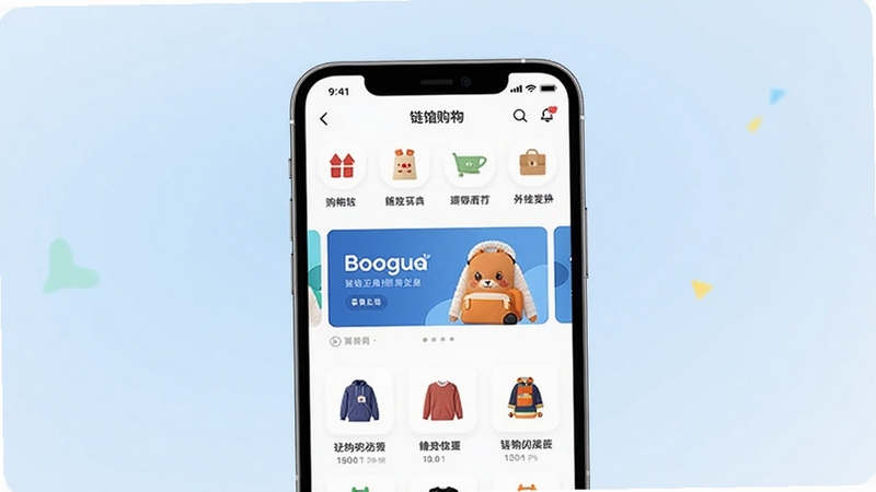 链饷应用主界面展示,画面中央为手机屏幕呈现购物商城首页,包含商品分类图标与轮播横幅,背景区域为柔和的浅蓝色渐变,整体风格简洁明快,适配Boogu模型生成