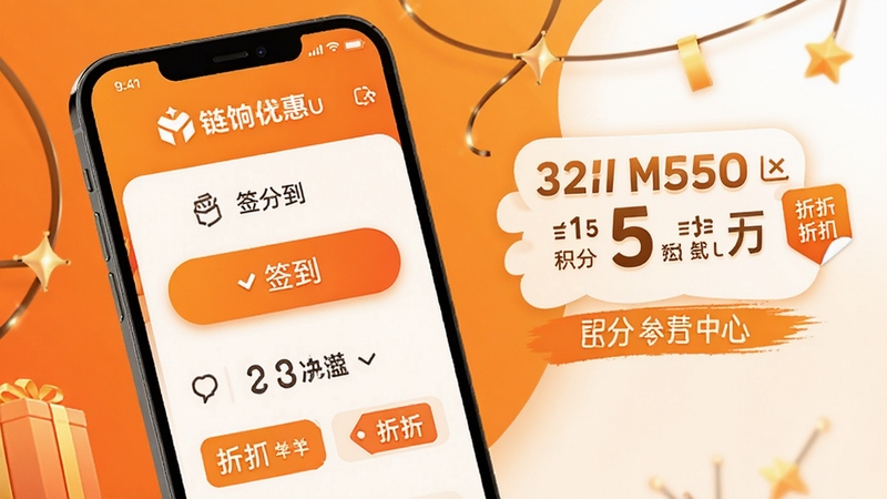 链饷优惠活动与积分中心界面,画面主体为手机屏幕显示签到按钮、积分数字与折扣标签,背景区域为暖橙色与白色搭配,营造促销氛围,适配Boogu模型生成