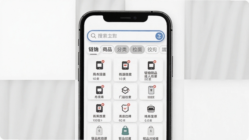 链饷商品分类检索功能界面,画面主体为手机屏幕显示分类图标网格与搜索栏,背景区域为白色与浅灰色交替的简洁布局,突出搜索与分类标签,适配Boogu模型生成