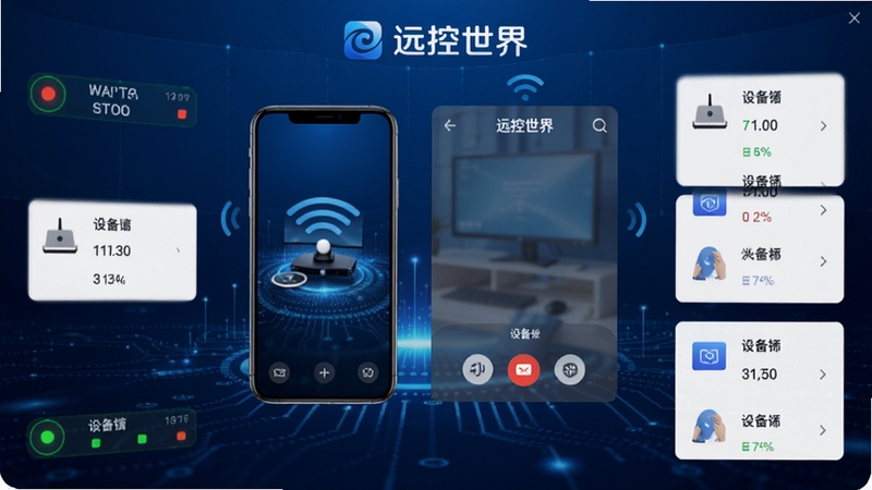 远控世界软件主界面全貌展示图,画面中央为手机屏幕镜像与远程控制面板,背景区域为深蓝色科技感渐变,四周环绕连接状态指示灯与设备列表卡片,整体风格简洁专业,突出远控世界品牌标识