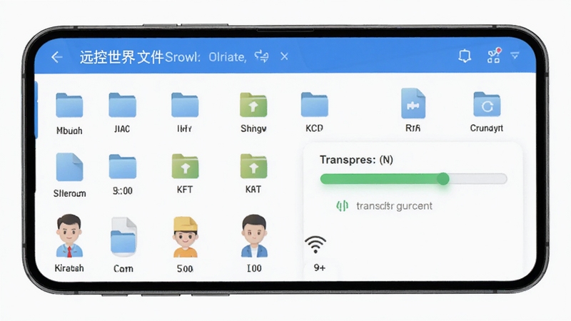 远控世界远程文件管理界面图,画面展示手机屏幕上的文件列表与传输进度条,背景为白色简洁风格,文件图标整齐排列,突出远控世界文件管理功能的清晰易用