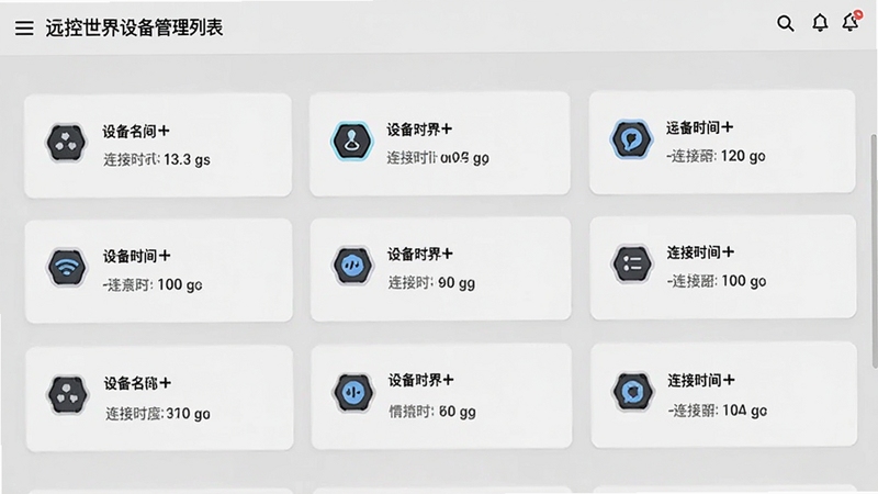 远控世界设备管理列表界面图,画面显示多个设备卡片排列,每张卡片包含设备名称与连接时间,背景为浅灰色极简风格,突出远控世界设备管理的井然有序
