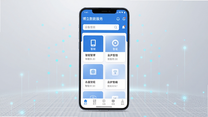 博立数智服务软件主界面全貌展示,画面主体为一部竖屏安卓手机位于画面正中央,屏幕显示博立数智服务APP首页的卡片式设备管理面板,界面以科技蓝与白色为主色调,顶部有设备搜索栏与通知图标,中部排列智能设备图标卡片,底部为导航栏;背景区域为浅灰色渐变空间,辅以淡蓝色数据光点与网格纹理,整体风格简洁现代,分辨率1080x1920,适配Boogu模型生成。