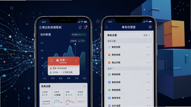博立数智服务数据看板与权限管理界面组合图,画面主体为左右并排的两部手机位于画面中央,左侧手机显示实时数据曲线图与告警弹窗,右侧手机显示角色权限设置列表,界面以深蓝与浅灰为主色;背景区域为抽象的数据流线条与几何色块,科技感强烈,适配Boogu模型生成。