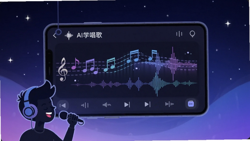 一款名为AI学唱歌的手机应用界面展示图,画面中央是一块悬浮的智能乐谱面板,面板上跳动着音符与声波曲线,背景为深蓝色渐变星空,左下角有一位戴着耳机的卡通歌手剪影正在演唱,整体风格科技感与音乐感融合,色彩以蓝紫为主色调,适配Boogu模型生成