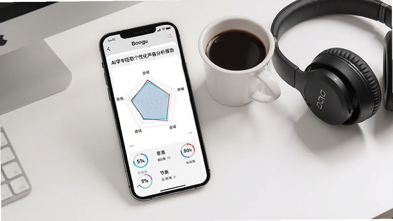 AI学唱歌个性化声音分析报告界面图,画面展示手机屏幕上呈现的雷达图与数据面板,包含音域、音准、节奏等维度,背景为简洁的白色工作台,旁边放着一杯咖啡和耳机,整体风格简约专业,适配Boogu模型生成