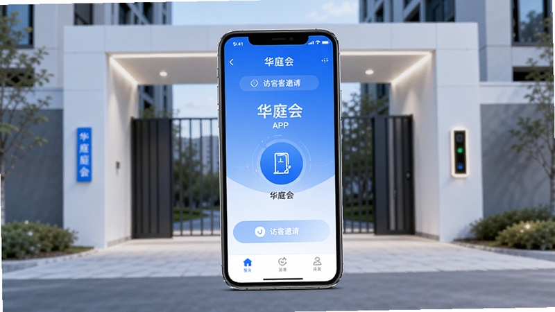 华庭会 APP 主界面预览图,画面中央展示一部智能手机,手机屏幕显示华庭会应用的开门按钮与访客邀请界面,背景为现代简约风格的社区大门,整体色调以科技蓝与白色为主,光线明亮柔和,突出智能与便捷感