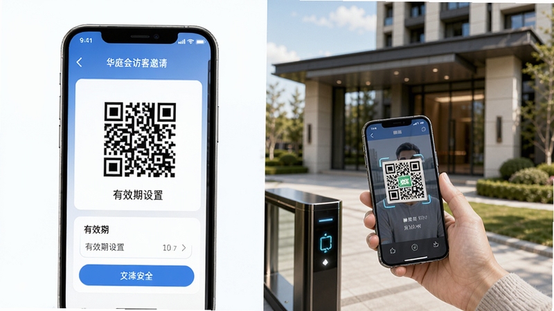 华庭会访客邀请功能展示图,画面左侧为手机屏幕显示访客邀请二维码与有效期设置,右侧为访客手持手机扫码通过的场景,背景为现代化小区入口,整体风格简洁明亮,突出便捷与安全