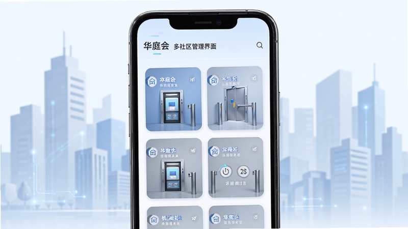 华庭会多社区管理界面图,画面展示手机屏幕中多个社区卡片排列,每个卡片显示不同社区名称与门禁状态,背景为抽象的城市建筑剪影,色调以浅蓝与灰色为主,体现高效管理与科技感