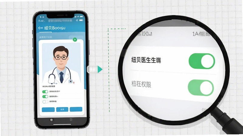 纽贝医生医生端安装与权限设置流程图解,画面左侧为手机安装界面截图示意,右侧为权限开关放大特写,背景为浅灰色网格纹理,整体风格简洁直观,适配Boogu模型生成