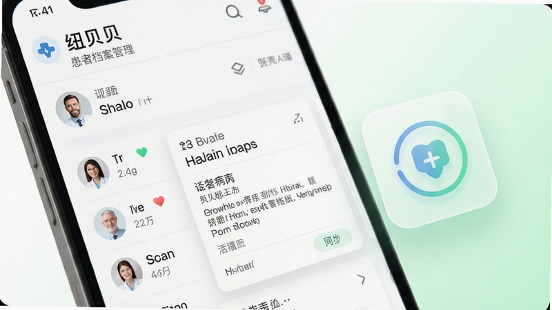 纽贝医生医生端患者档案管理界面特写,手机屏幕显示患者列表与详细病历卡片,画面右侧悬浮半透明的数据同步图标,背景为柔和白色与淡绿色渐变,突出医疗数据管理的便捷与安全