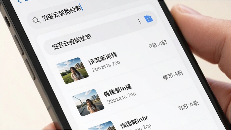 泊客云智能检索界面特写,手机屏幕显示搜索框内输入关键词后弹出匹配的文件列表,列表项包含图片缩略图、文件名和修改时间,背景为干净的白色卡片式布局,光线明亮柔和