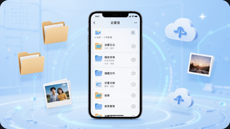 泊客云软件主界面全貌展示,画面中央是手机屏幕,屏幕内呈现简洁的云端文件管理列表,背景为浅蓝色渐变科技感空间,周围漂浮着文件夹、照片缩略图和云朵图标,整体风格清爽现代,适合Boogu模型生成