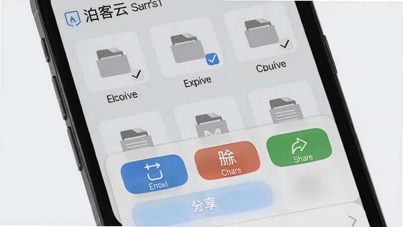 泊客云批量管理操作界面,手机屏幕显示多个文件被勾选,底部弹出操作菜单包含移动、删除、分享等按钮,背景为浅灰色,界面元素清晰有序