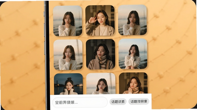 展示面软件朋友圈排版界面,手机屏幕中显示九宫格图片排列预览,每张图片带有圆角与阴影效果,下方有文字输入框与话题标签按钮,背景为暖色调,体现排版便捷性