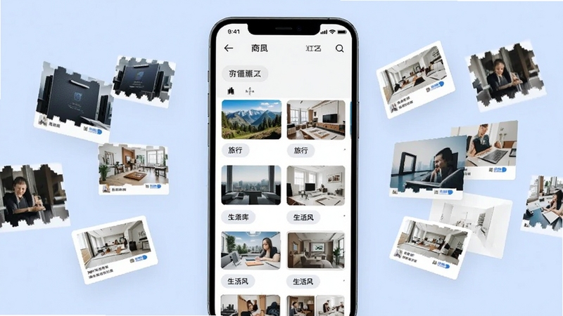 展示面软件素材库界面截图,画面展示手机屏幕中排列整齐的各类展示面模板缩略图,包含商务风、旅行风、生活风等分类标签,背景为淡蓝色,屏幕周围有素材卡片漂浮效果,体现海量资源
