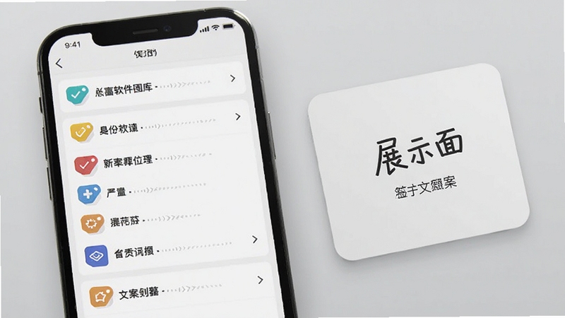 展示面软件文案库界面,手机屏幕中显示多条分类文案列表,每条文案前有标签图标,屏幕旁边有展示面签名示例卡片,背景为浅灰色,突出文案资源丰富