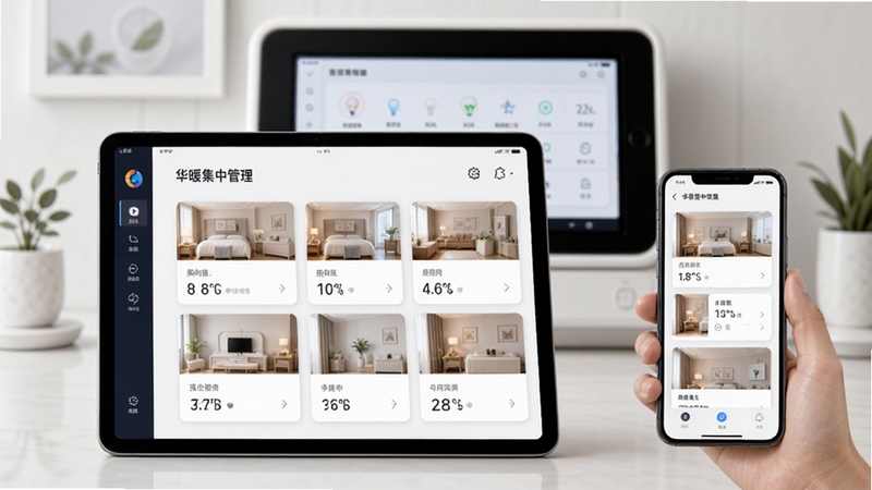 ��ů���豸�������棬����չʾƽ����ֻ���Ļ��ͬʱ��ʾ��������¶ȿ�Ƭ������Ϊ���ܼҾ��п�̨��������ִ���ͻ����ů���й�������
