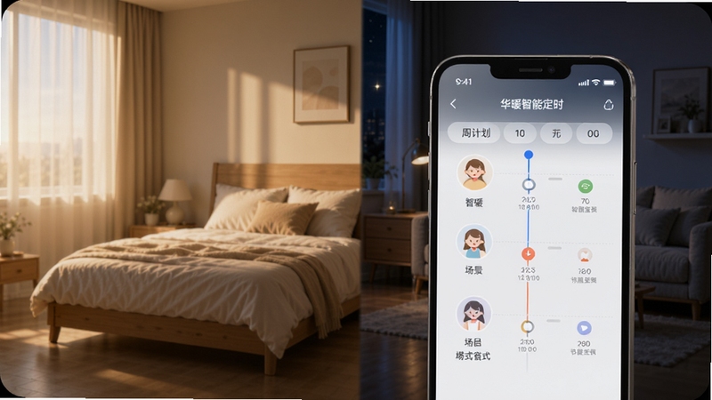 ��ů���ܶ�ʱ���ý��棬�������ֻ���Ļ��ʾ�ܼƻ�ʱ�����볡��ģʽͼ�꣬����Ϊ�峿������ҹ�������ĶԱȳ��������ֻ�ů���ܶ�ʱ�����ʡ���ص�