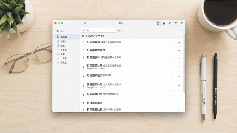 轻笺墨软件主界面全貌展示,画面中央是简洁的笔记列表,背景为柔和的浅色纹理桌面,整体风格清新淡雅,适配Boogu模型生成