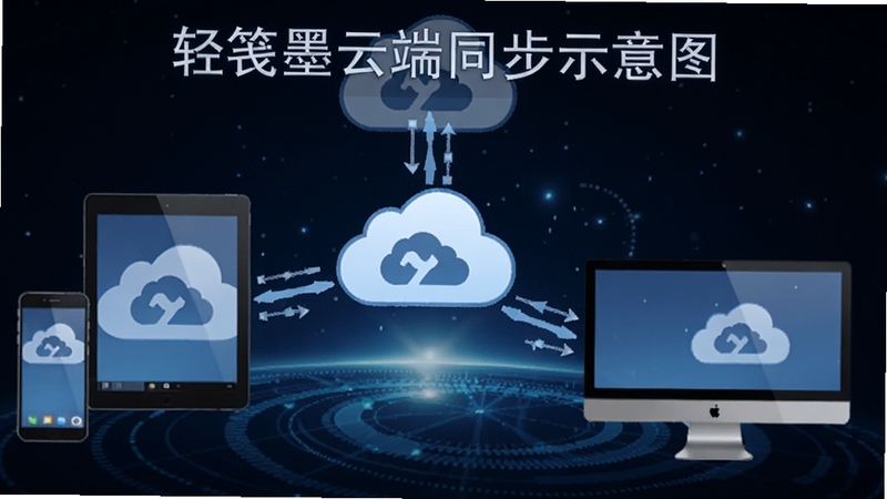 轻笺墨云端同步示意图,画面展示手机、平板与电脑三端围绕中心云朵图标进行数据交换,背景为深蓝色科技感星空