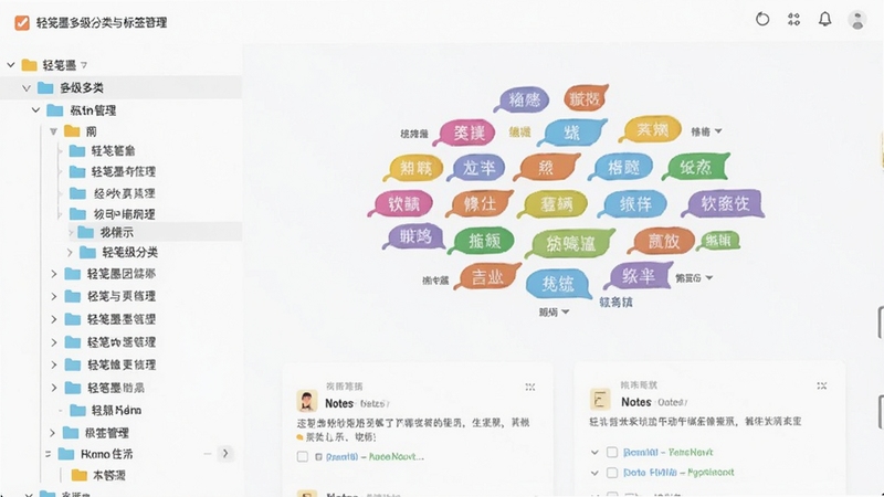 轻笺墨多级分类与标签管理界面,画面左侧是文件夹树状列表,右侧是彩色标签云与笔记卡片,背景简洁明亮,突出信息层级