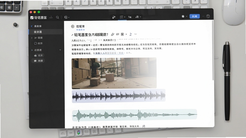轻笺墨富文本编辑器界面,画面展示文字排版、插入图片与录音波形混合排布的笔记详情页,背景为浅灰色工作台