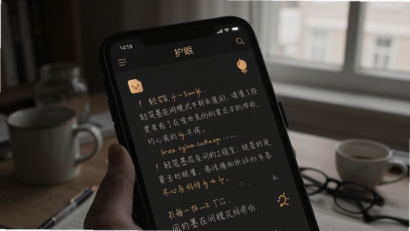 轻笺墨夜间模式与护眼配色展示,画面为深色背景下的笔记阅读界面,文字柔和清晰,点缀少量暖色图标
