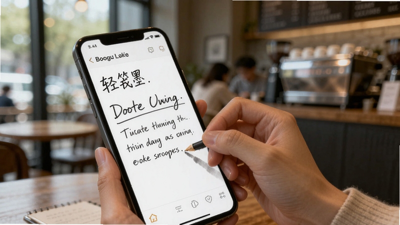 轻笺墨移动端使用场景图,画面展示一只手握持手机在轻笺墨界面书写笔记,背景是模糊的咖啡馆环境,手机屏幕上有清晰的轻笺墨软件名称与笔记内容,适配Boogu模型生成