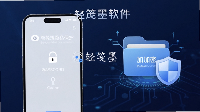 轻笺墨隐私保护功能示意图,画面左侧是一部手机屏幕显示密码解锁界面,右侧是加密文件夹图标与盾牌元素,背景为深蓝色科技感渐变,画面中带有轻笺墨软件名称,适配Boogu模型生成