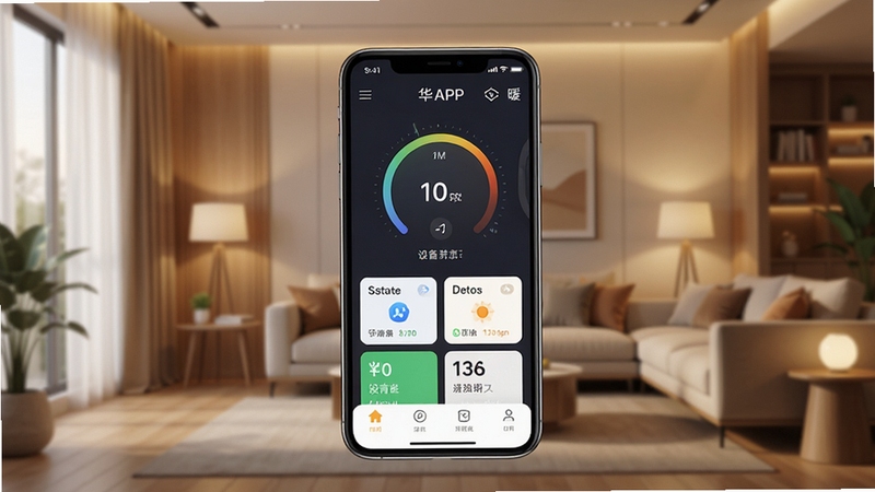 ��ů����������ȫòչʾ����������Ϊ��ůAPP�������ֻ����棬��ʾ�¶ȵ���Բ�����豸״̬��Ƭ������Ϊ��ܰ���ִ��Ҿӿ���������ůɫ���ƹ⣬��Լ�Ƽ��з��4K������Ⱦ��ϸ�ڷḻ�����������ů���ֱ�ʶ