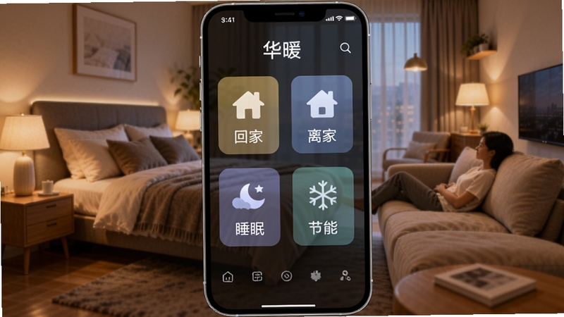 ��ů���ܳ���ģʽ���棬�ֻ���Ļչʾ�ĸ�����ͼ�꣬�ֱ�Ϊ�ؼҡ���ҡ�˯�ߡ����ܣ�����Ϊ��ܰ������������ںϳ������ƹ���ͣ�������ɳ������Ϣ�����������ů���֣������Χ��������