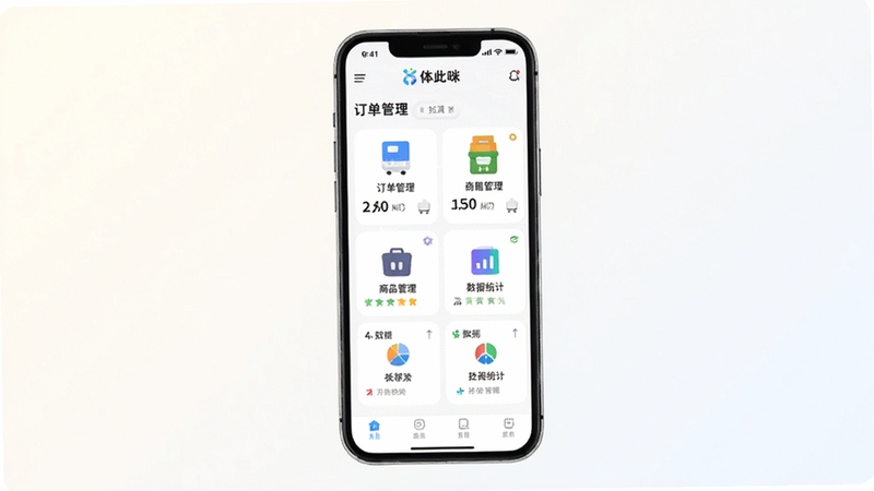 体此咪商家端应用主界面与功能模块概览图,画面中央展示手机屏幕内商家端首页布局,包含订单管理、商品管理、数据统计等图标模块,背景为简洁的浅色渐变,整体风格商务清新,突出体此咪商家端品牌标识