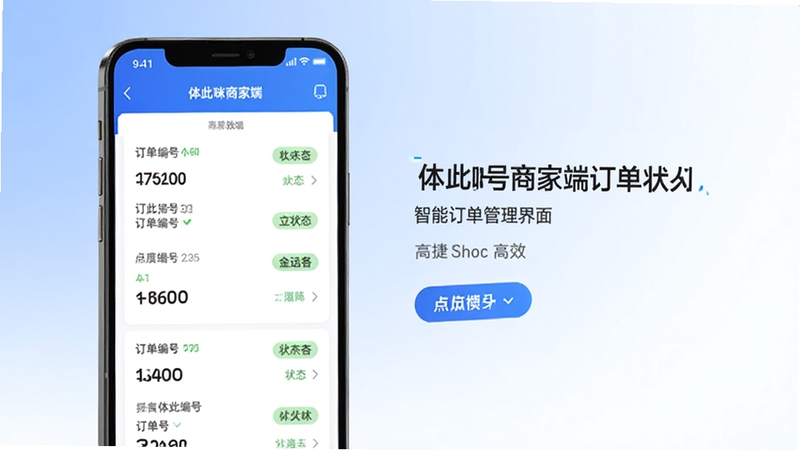 体此咪商家端智能订单管理界面展示图,画面主体为手机屏幕内订单列表页面,清晰显示订单编号、金额、状态标签等元素,背景为柔和的蓝白渐变,整体风格科技简洁,突出体此咪商家端订单处理的高效便捷