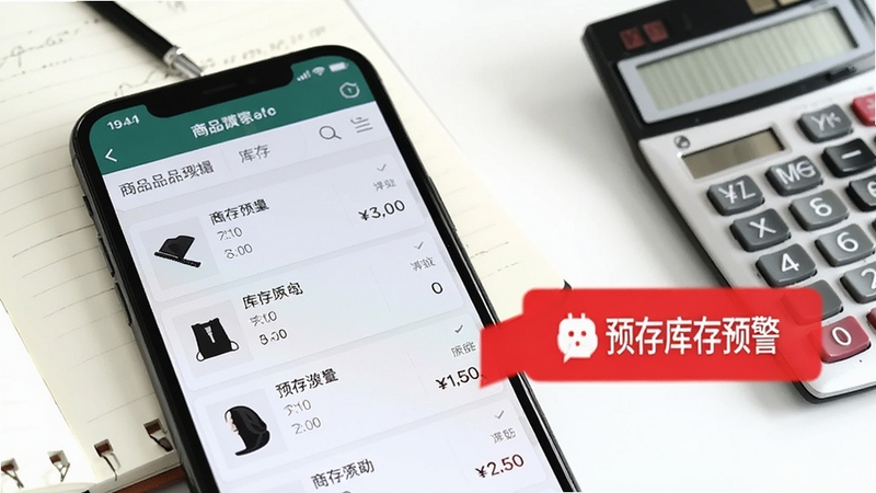 体此咪商家端商品管理界面特写,手机屏幕显示商品列表与库存数量,画面右侧有醒目的库存预警红色标记,背景为简洁的白色办公桌面,旁边放着笔记本与计算器,整体光线明亮,突出商家日常管理场景