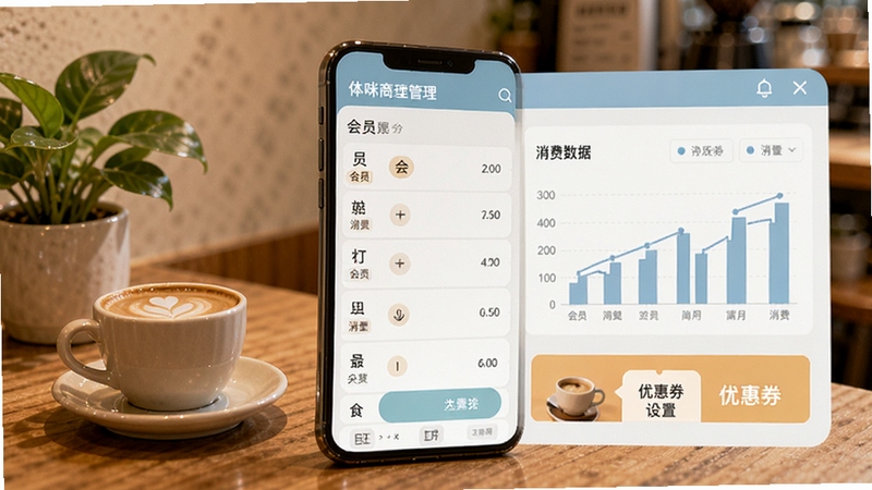 体此咪商家端会员管理界面,手机屏幕显示会员列表与消费数据图表,画面中有会员标签分类与优惠券设置入口,背景为温馨的咖啡店角落,桌上有咖啡杯与绿植,整体色调柔和,体现商家会员维护的日常场景
