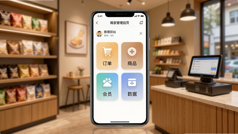 体此咪商家端软件主界面全貌展示,画面中央为手机屏幕中的商家管理后台首页,包含订单、商品、会员、数据四大功能入口图标,背景为暖色调的现代门店场景,货架与收银台虚化处理,整体风格简洁商务,适合软件下载站展示使用