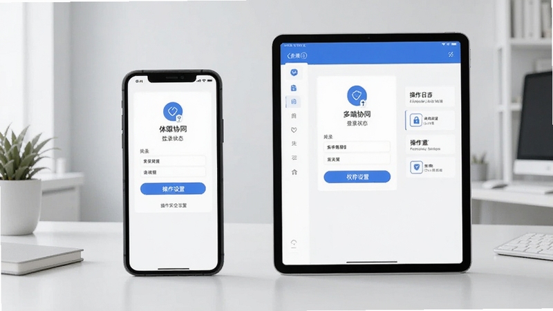 体此咪商家端多端协同与账号安全设置页面,手机与平板并排展示同一商家账号的登录状态,画面中有权限设置与操作日志入口,背景为简洁的浅灰色办公环境,整体风格清爽,突出安全与协同管理功能