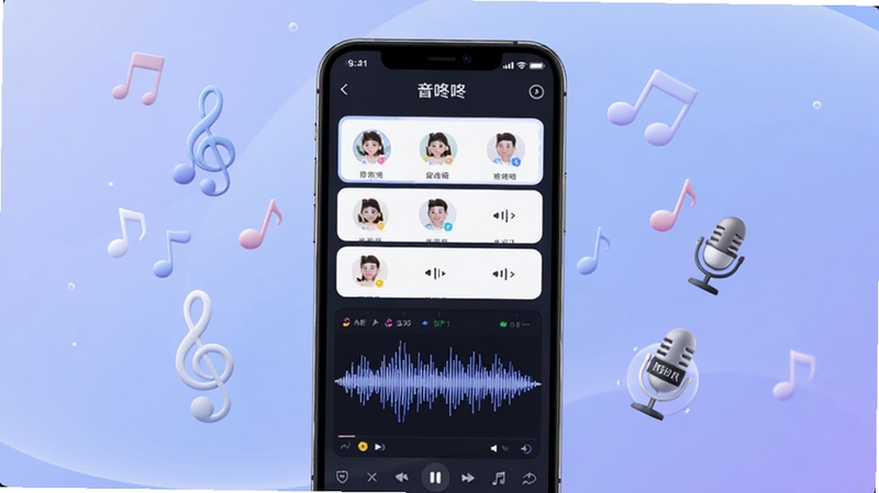 兔咚咚SEL软件界面展示智能配音与变声功能,画面中央为手机屏幕,屏幕内显示音色选择列表和波形图,背景为柔和的蓝紫色渐变,周围漂浮着音符和麦克风图标,整体风格简洁科技感,高分辨率,细节清晰