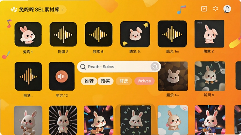 兔咚咚SEL素材库界面,展示分类清晰的音效图标和音乐专辑封面,屏幕中央有搜索框和推荐标签,背景为明亮的黄色与橙色渐变,充满活力与创意氛围,扁平化设计风格