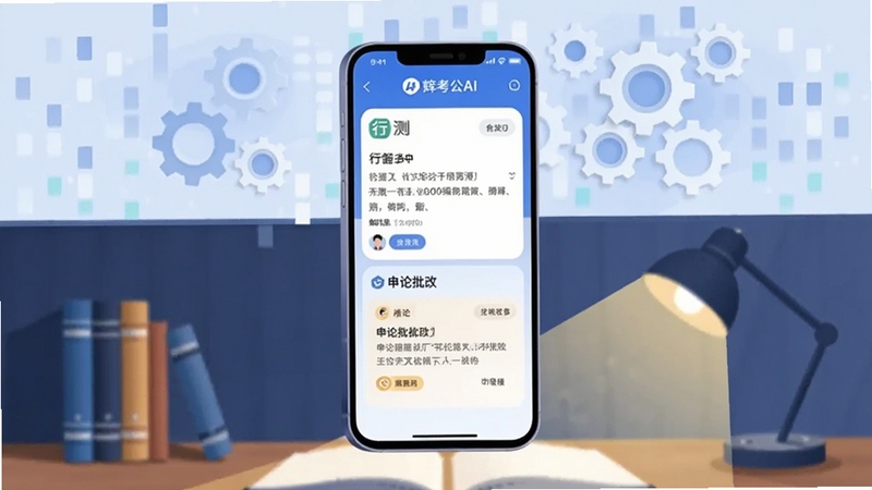 画面中央是一台悬浮的智能手机,屏幕上显示如辉考公AI的备考界面,界面中有行测题目与申论批改模块。背景分为上下两层,上层是淡蓝色的数据流与齿轮图标象征AI算法,下层是书桌与台灯营造学习氛围。整体风格为扁平化科技插画,主色调为科技蓝与暖白,画面清晰明亮,适配Boogu模型生成。