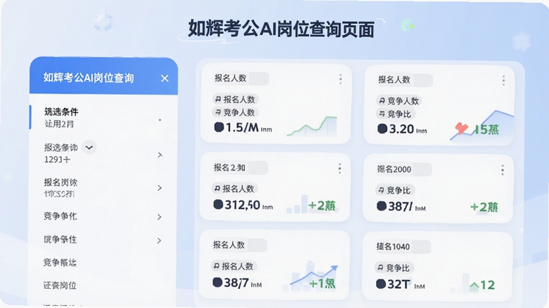 如辉考公AI岗位查询页面截图风格插画,画面左侧是筛选条件栏,右侧是岗位列表卡片,卡片上有报名人数与竞争比数据。背景为淡蓝色渐变,整体风格清爽简洁,适合作为软件功能介绍配图。