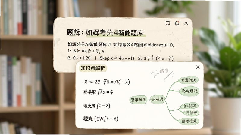 如辉考公AI智能题库界面特写,画面中心是一道行测数量关系题,题目下方弹出知识点解析浮窗,浮窗内包含公式与思维导图。背景是虚化的书架与绿色植物,整体色调为柔和的米白与浅绿,画面带有轻微的学习笔记手写质感。