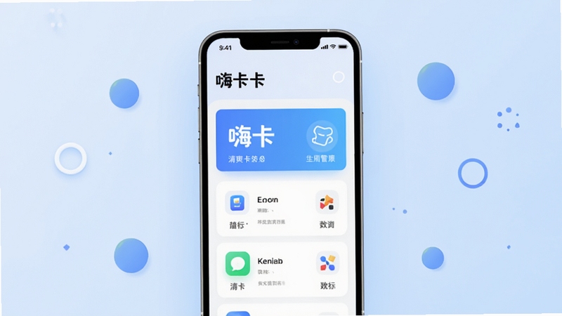 嗨卡应用主界面展示图,画面中央为手机屏幕,屏幕内呈现嗨卡清爽的卡片管理列表与功能图标,背景为柔和的浅蓝色渐变,周围点缀简约的几何图形,整体风格现代简洁,突出嗨卡软件名称与核心功能区域