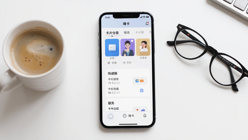 嗨卡功能界面截图,画面展示嗨卡应用内的卡片分类标签与快捷服务入口,手机屏幕居中,背景为干净的白色桌面,旁边放置一杯咖啡和一副眼镜,营造轻松的生活氛围,画面清晰明亮,突出嗨卡的操作便捷性