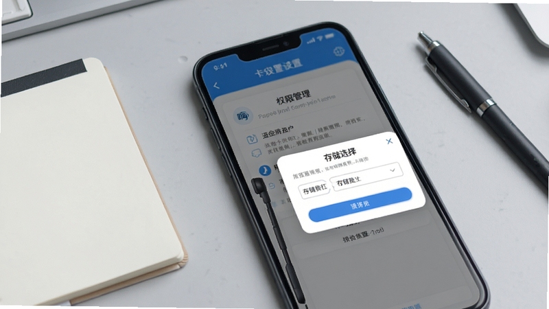嗨卡安装设置界面示意图,画面展示手机屏幕上的权限管理页面与存储选择弹窗,背景为浅灰色工作台面,旁边放置一个简约的记事本和一支笔,整体色调冷静专业,突出嗨卡的安装注意事项与操作细节